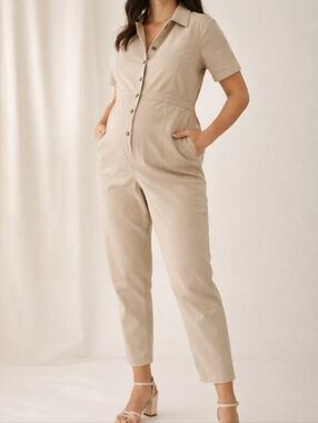 Isabel Maternity Beige Jumpsuit Small Short Sleeve Stretch Cotton NWT